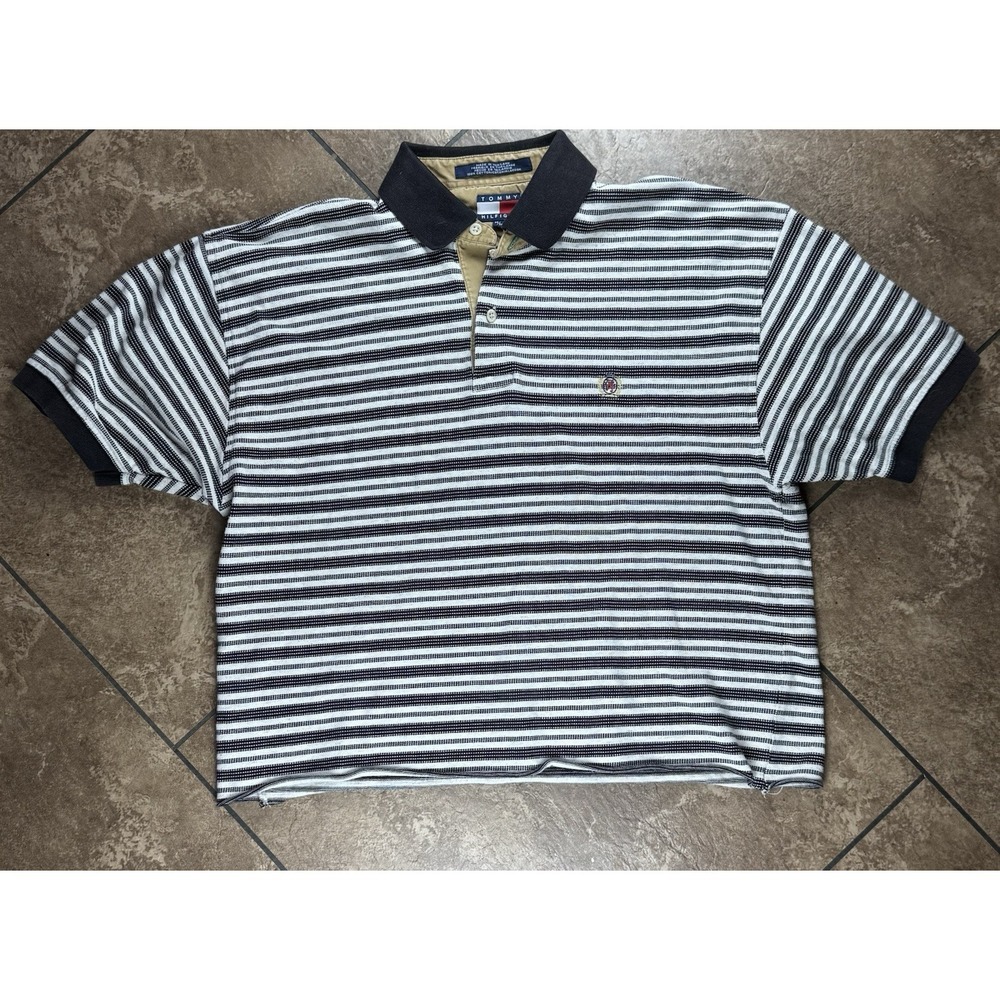 Vintage Tommy Hilfiger Unisex Brown Creamed Striped Polo Lion Crest Crop 90s Y2K